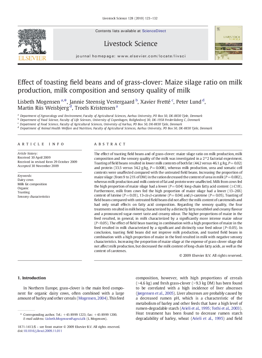 Effect of toasting field beans and of grass-clover: Maize silage ratio on milk production, milk composition and sensory quality of milk