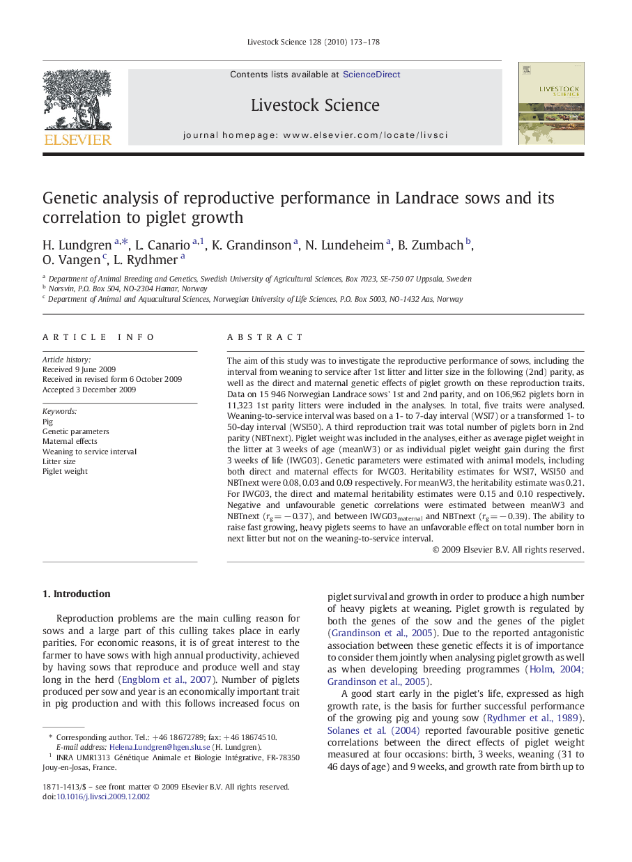 Genetic analysis of reproductive performance in Landrace sows and its correlation to piglet growth