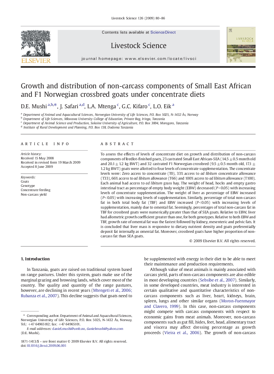 Growth and distribution of non-carcass components of Small East African and F1 Norwegian crossbred goats under concentrate diets