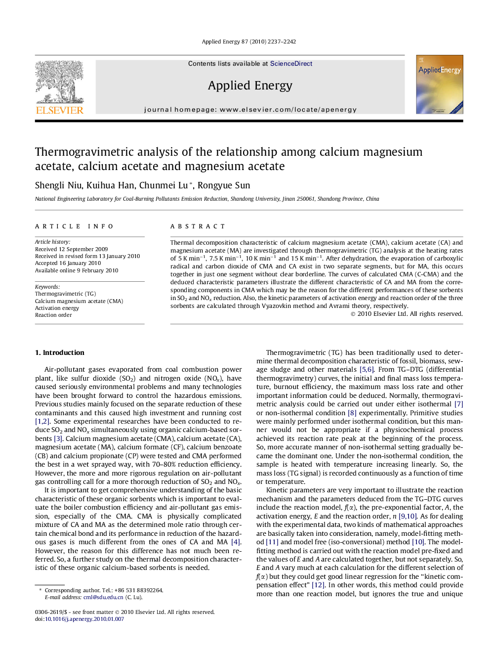 Thermogravimetric analysis of the relationship among calcium magnesium acetate, calcium acetate and magnesium acetate