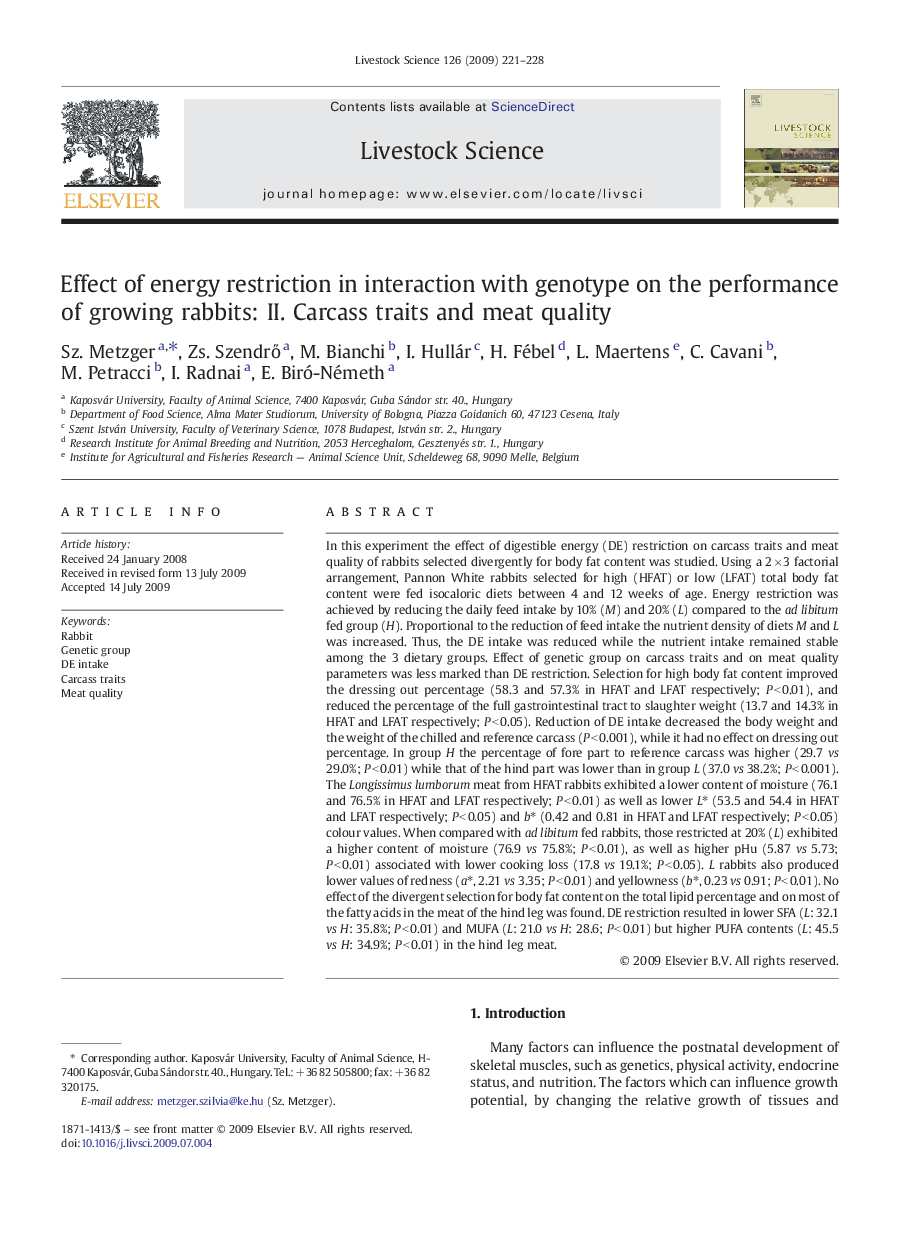 Effect of energy restriction in interaction with genotype on the performance of growing rabbits: II. Carcass traits and meat quality