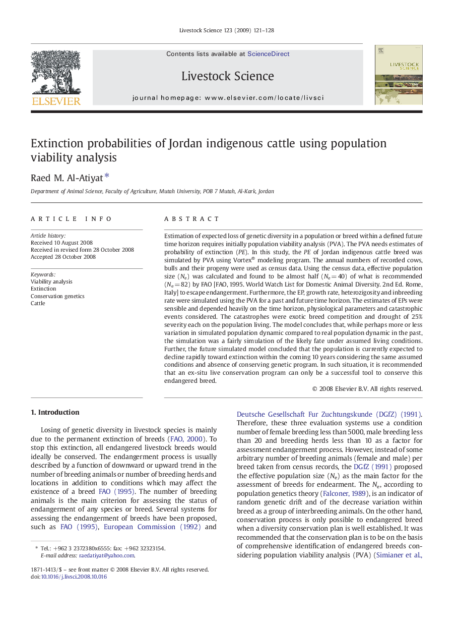 Extinction probabilities of Jordan indigenous cattle using population viability analysis