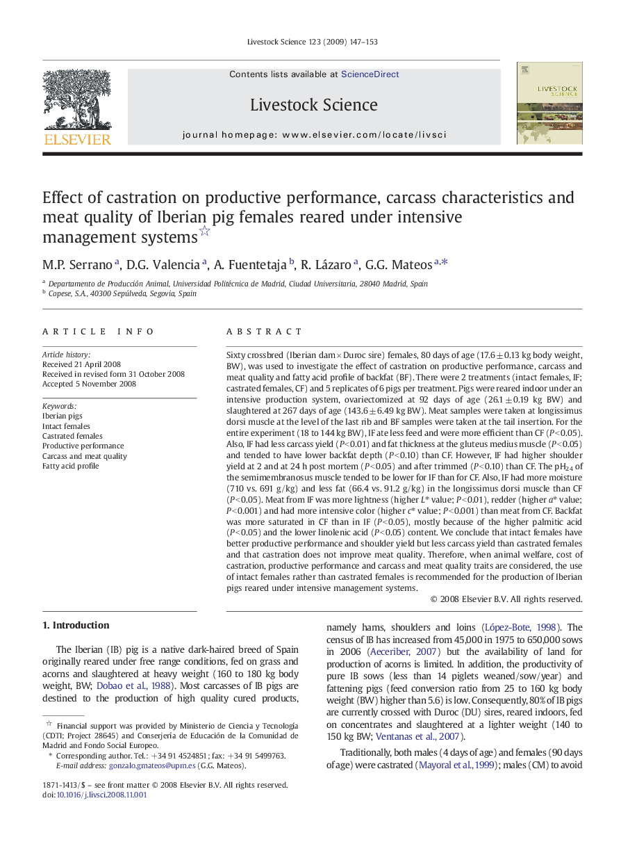 Effect of castration on productive performance, carcass characteristics and meat quality of Iberian pig females reared under intensive management systems 