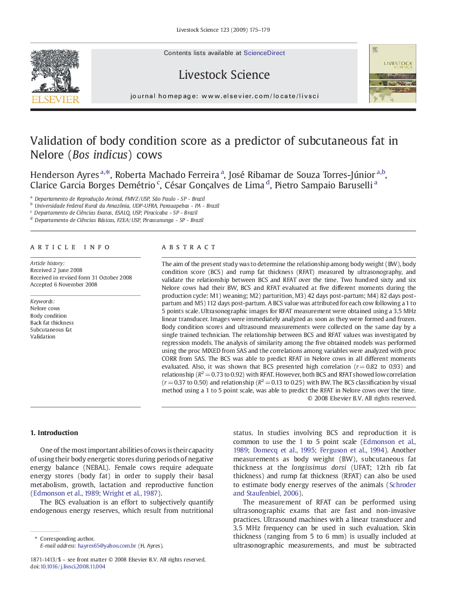 Validation of body condition score as a predictor of subcutaneous fat in Nelore (Bos indicus) cows