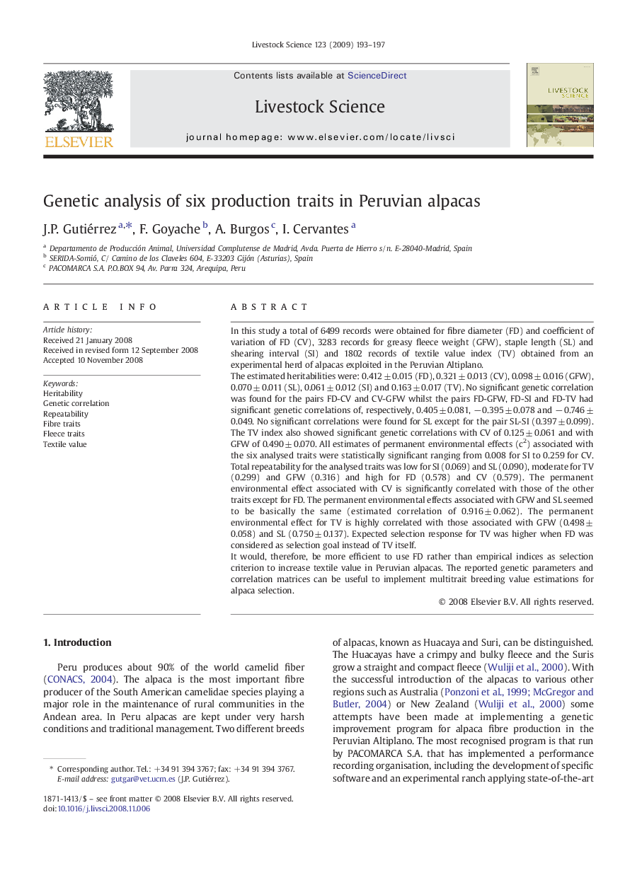 Genetic analysis of six production traits in Peruvian alpacas