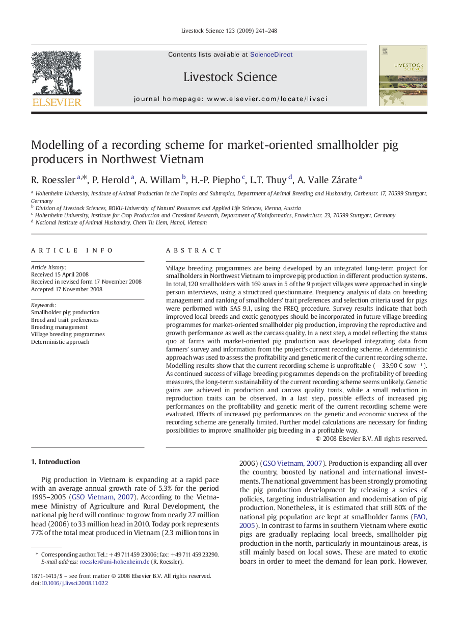 Modelling of a recording scheme for market-oriented smallholder pig producers in Northwest Vietnam