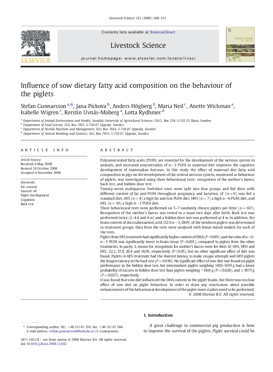 Influence of sow dietary fatty acid composition on the behaviour of the piglets