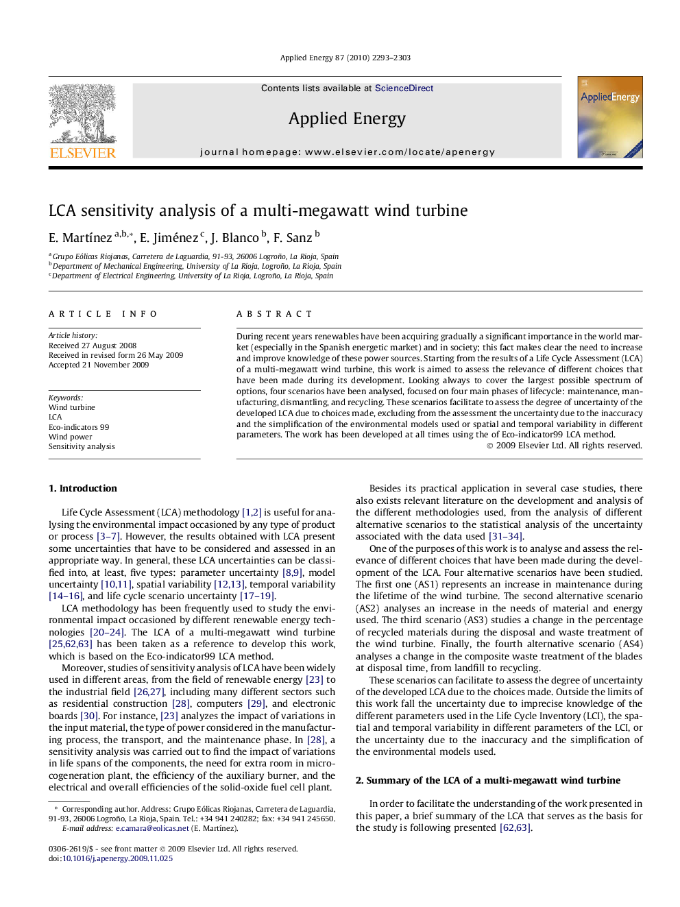 LCA sensitivity analysis of a multi-megawatt wind turbine