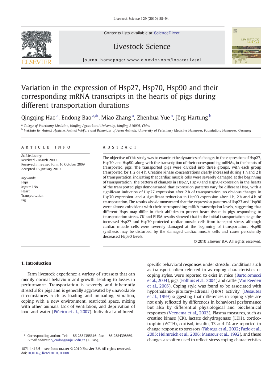 Variation in the expression of Hsp27, Hsp70, Hsp90 and their corresponding mRNA transcripts in the hearts of pigs during different transportation durations