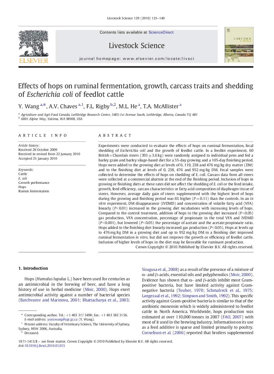 Effects of hops on ruminal fermentation, growth, carcass traits and shedding of Escherichia coli of feedlot cattle