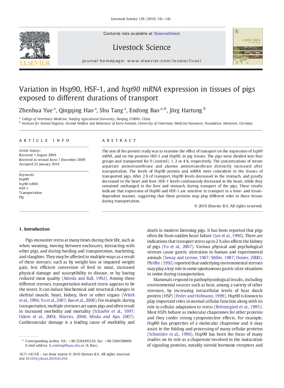 Variation in Hsp90, HSF-1, and hsp90 mRNA expression in tissues of pigs exposed to different durations of transport