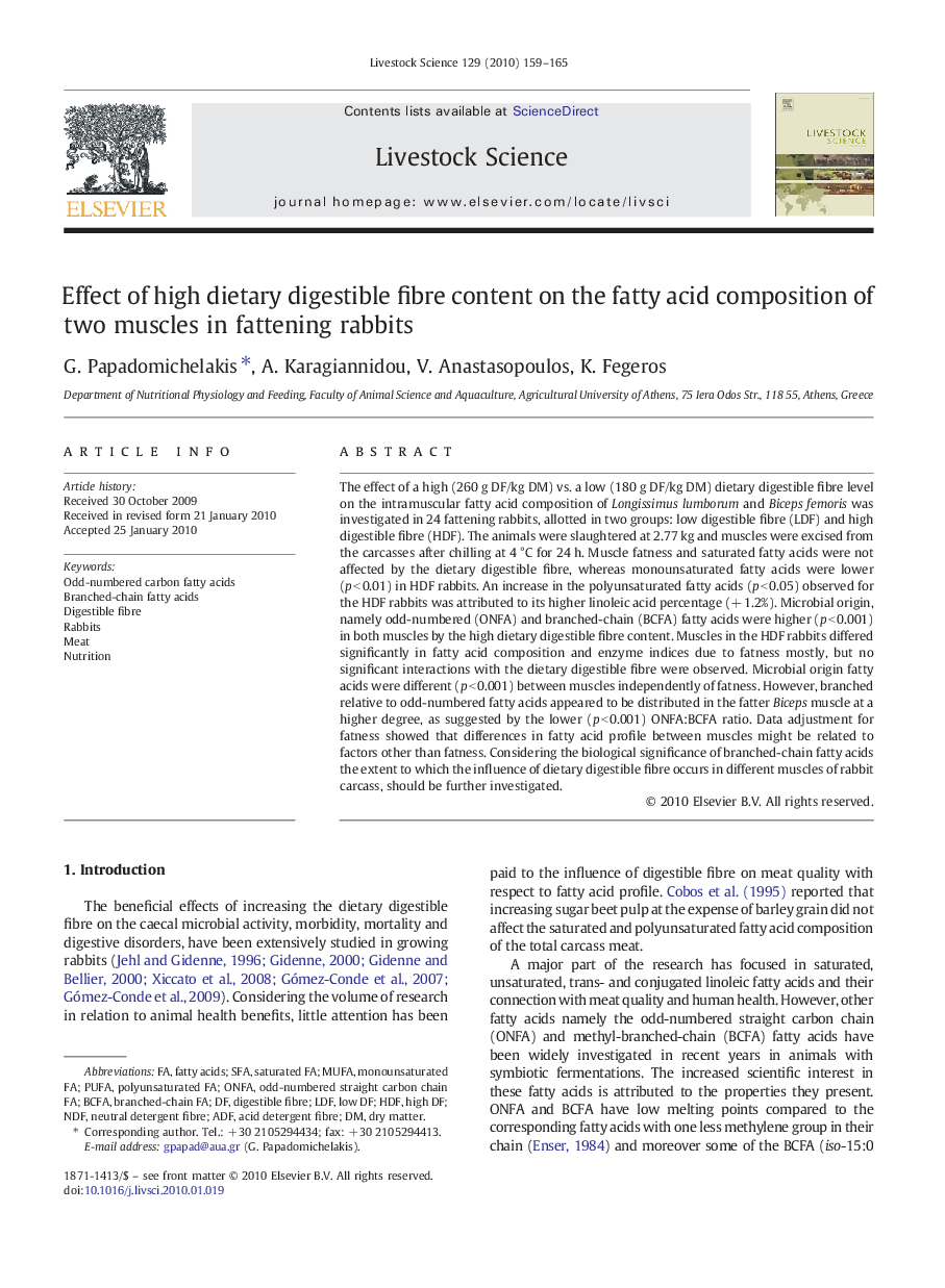 Effect of high dietary digestible fibre content on the fatty acid composition of two muscles in fattening rabbits