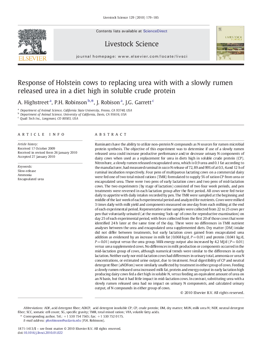 Response of Holstein cows to replacing urea with with a slowly rumen released urea in a diet high in soluble crude protein