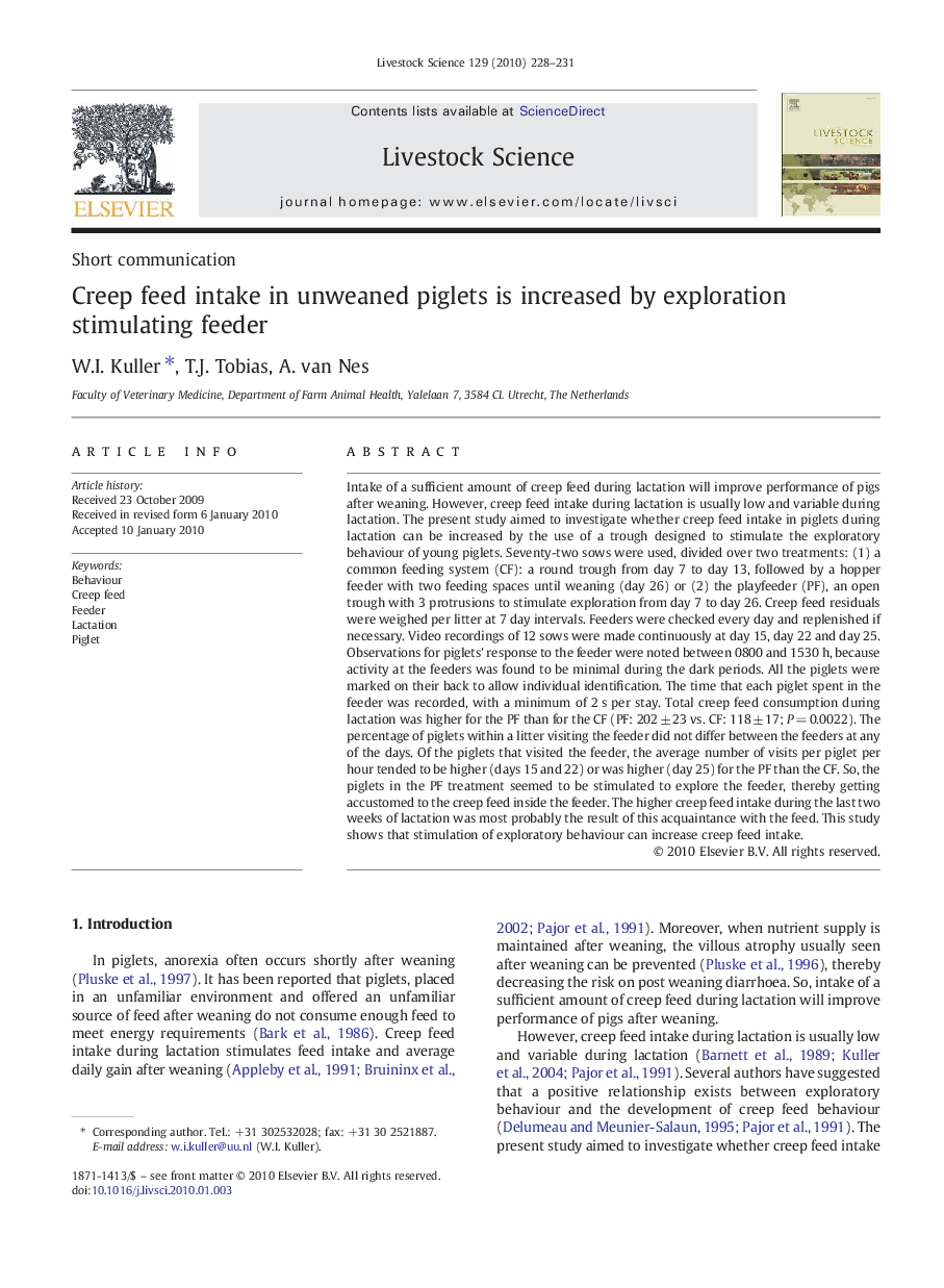 Creep feed intake in unweaned piglets is increased by exploration stimulating feeder