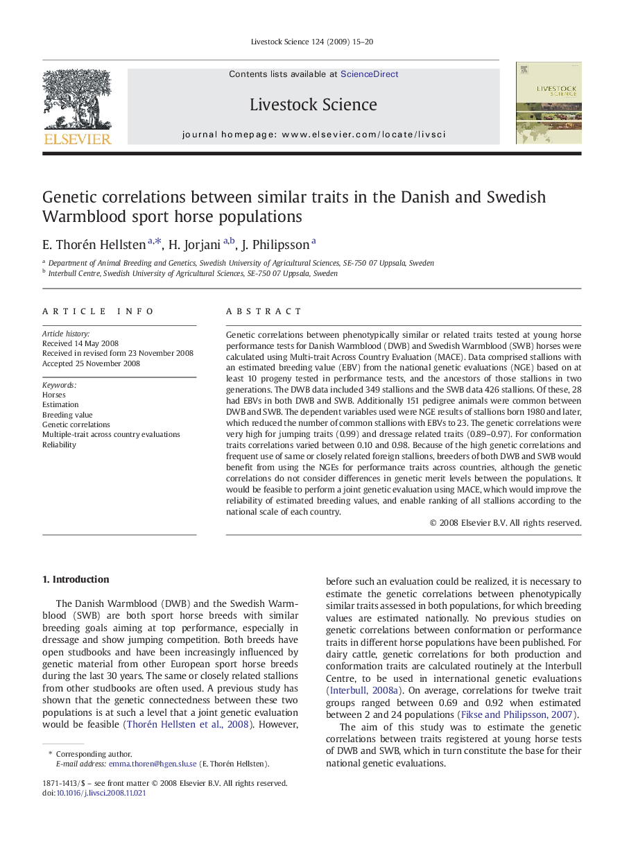 Genetic correlations between similar traits in the Danish and Swedish Warmblood sport horse populations