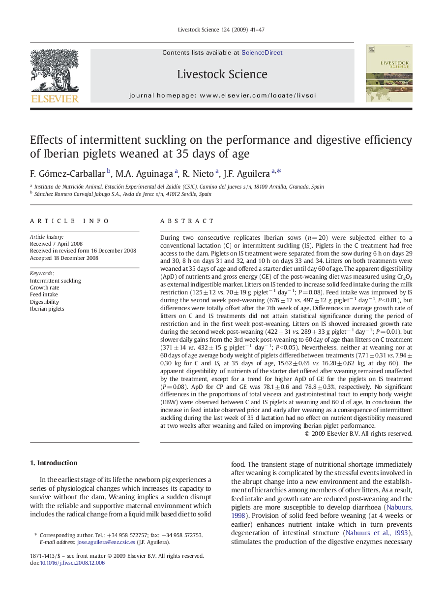 Effects of intermittent suckling on the performance and digestive efficiency of Iberian piglets weaned at 35 days of age