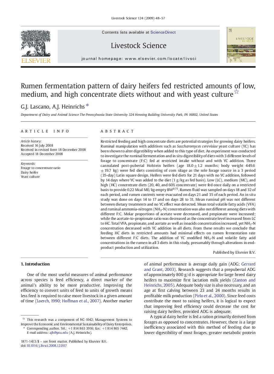 Rumen fermentation pattern of dairy heifers fed restricted amounts of low, medium, and high concentrate diets without and with yeast culture 