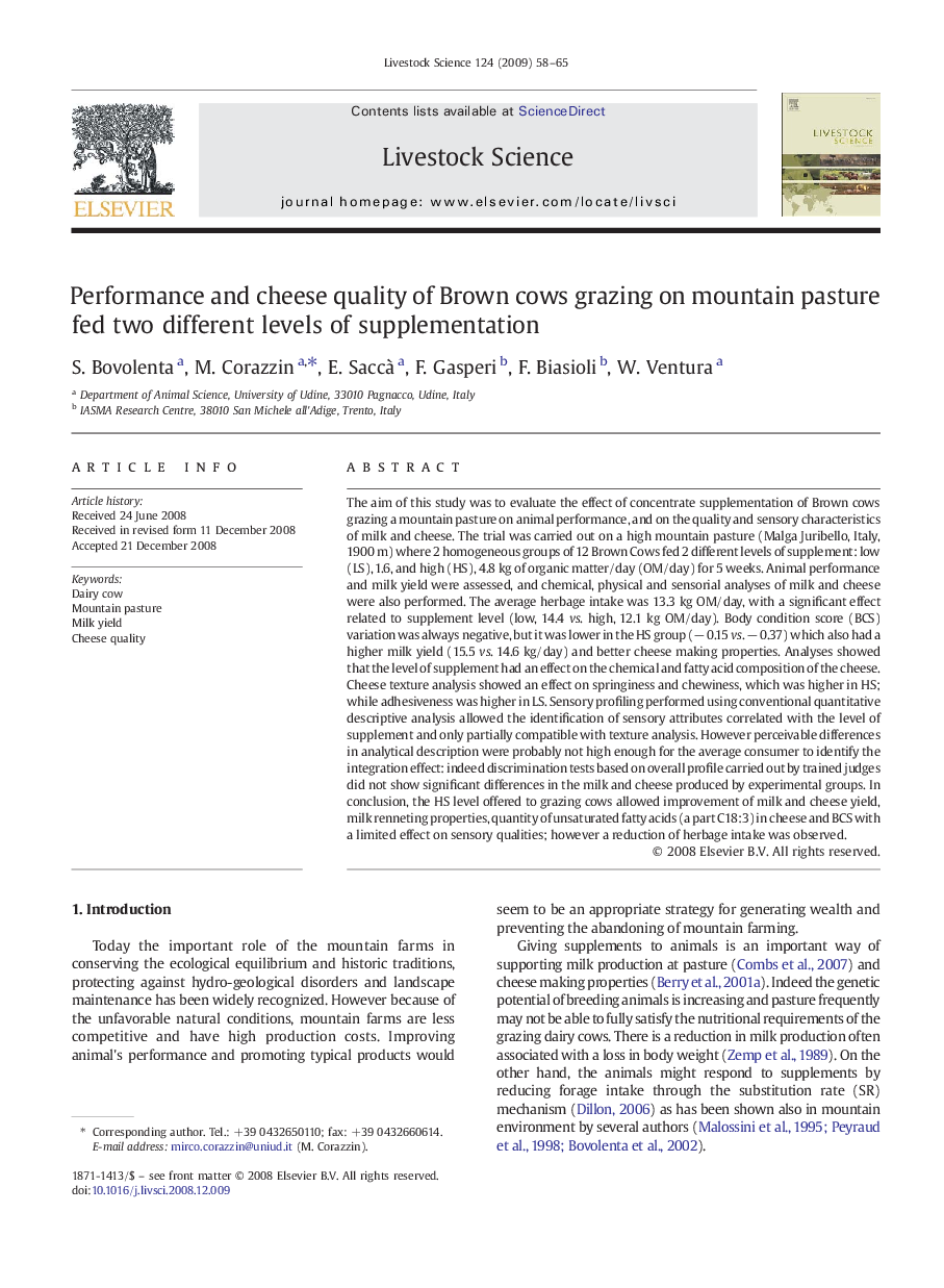 Performance and cheese quality of Brown cows grazing on mountain pasture fed two different levels of supplementation