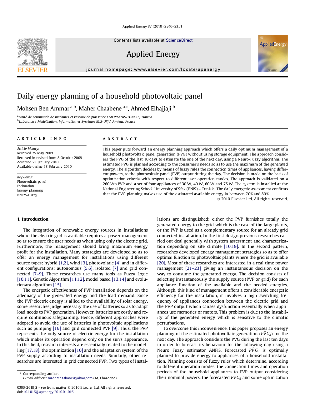 Daily energy planning of a household photovoltaic panel