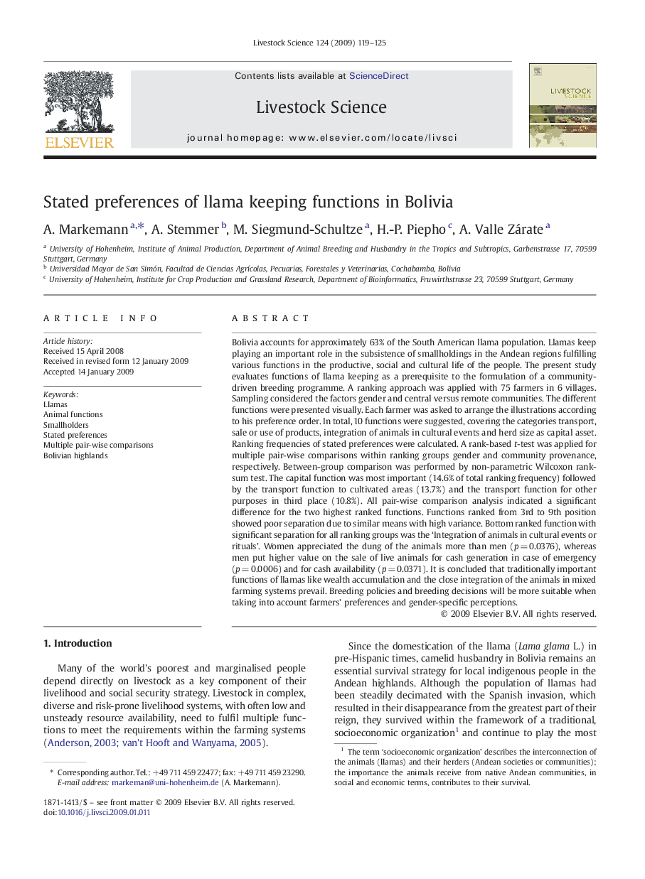 Stated preferences of llama keeping functions in Bolivia