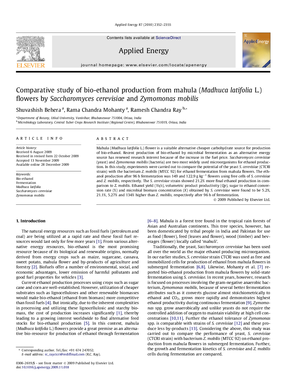 Comparative study of bio-ethanol production from mahula (Madhuca latifolia L.) flowers by Saccharomyces cerevisiae and Zymomonas mobilis