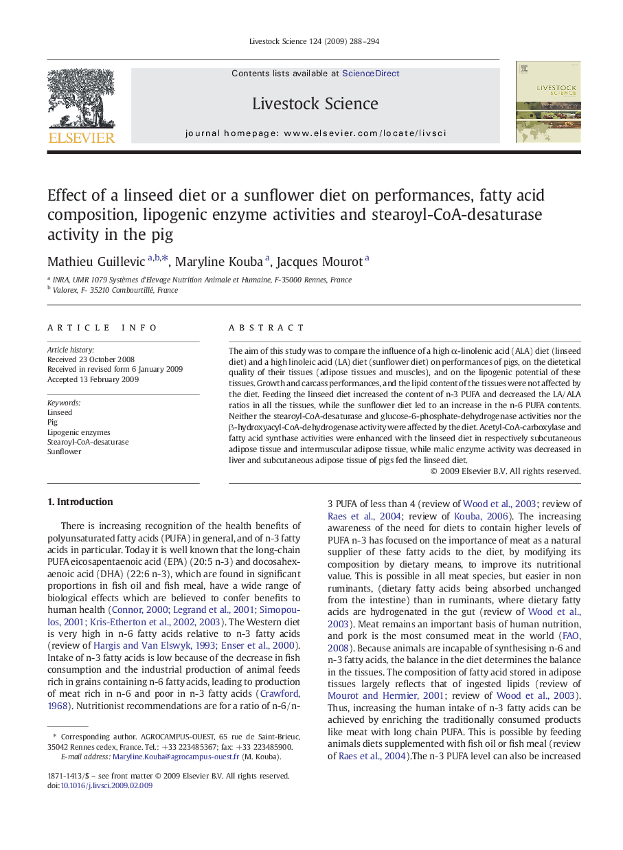 Effect of a linseed diet or a sunflower diet on performances, fatty acid composition, lipogenic enzyme activities and stearoyl-CoA-desaturase activity in the pig