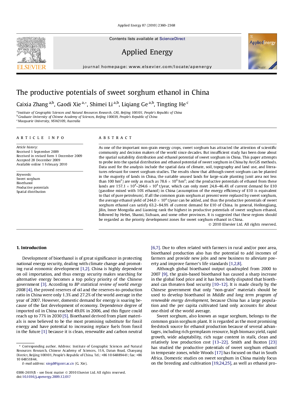 The productive potentials of sweet sorghum ethanol in China