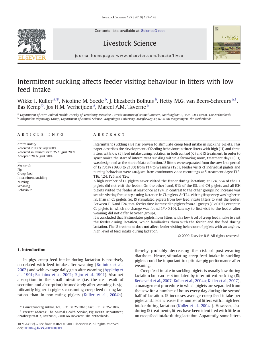 Intermittent suckling affects feeder visiting behaviour in litters with low feed intake