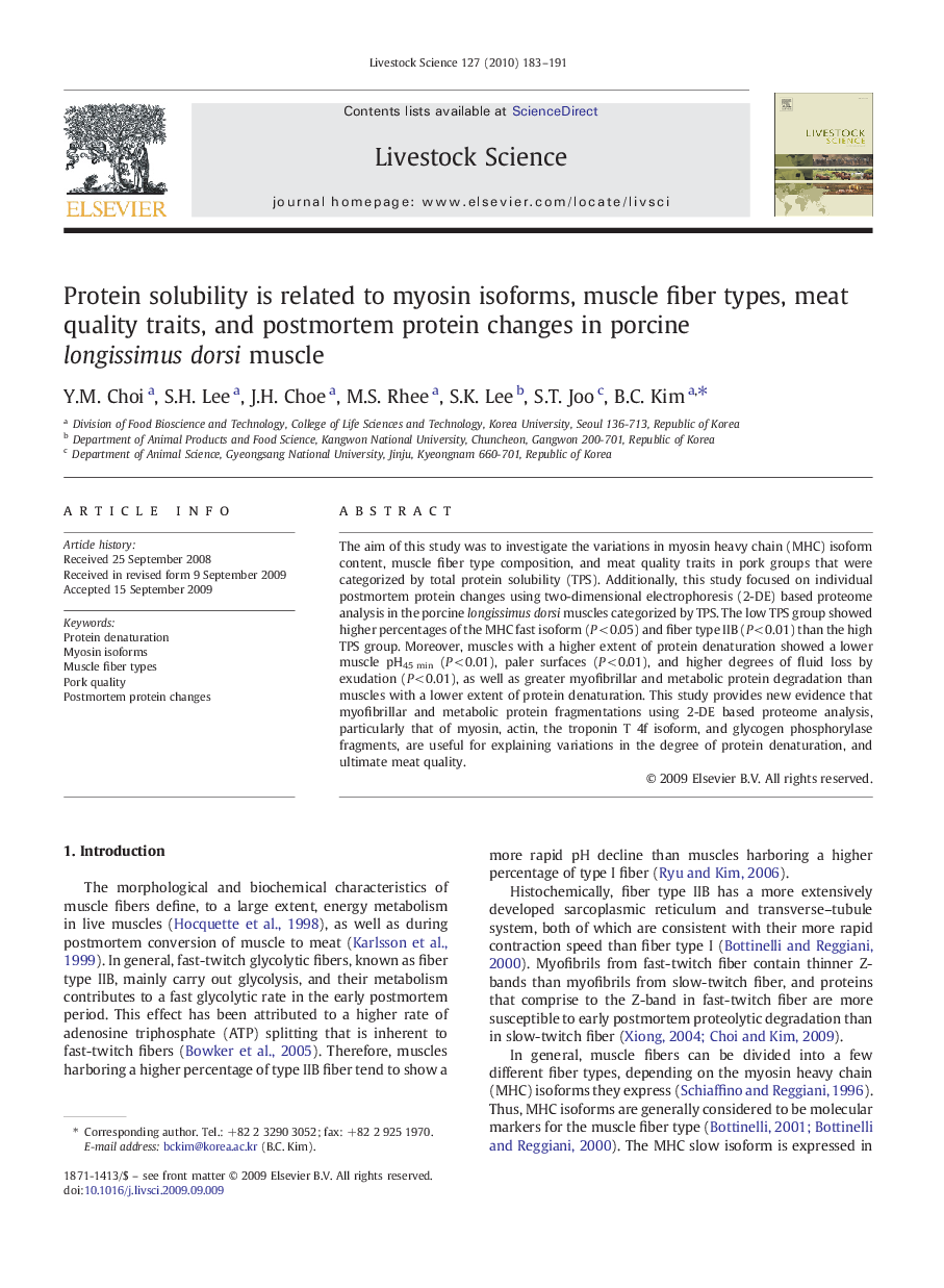 Protein solubility is related to myosin isoforms, muscle fiber types, meat quality traits, and postmortem protein changes in porcine longissimus dorsi muscle