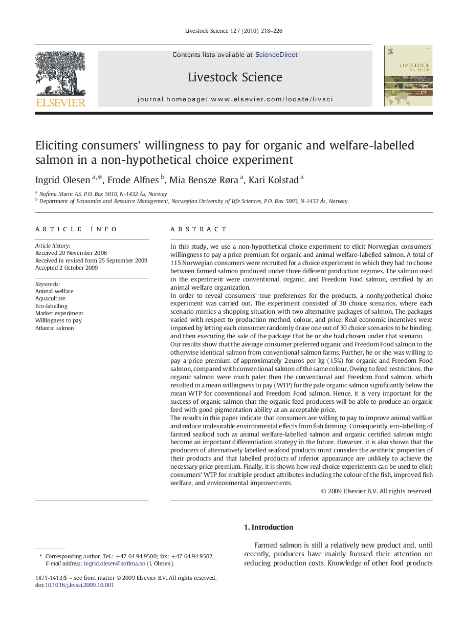 Eliciting consumers' willingness to pay for organic and welfare-labelled salmon in a non-hypothetical choice experiment