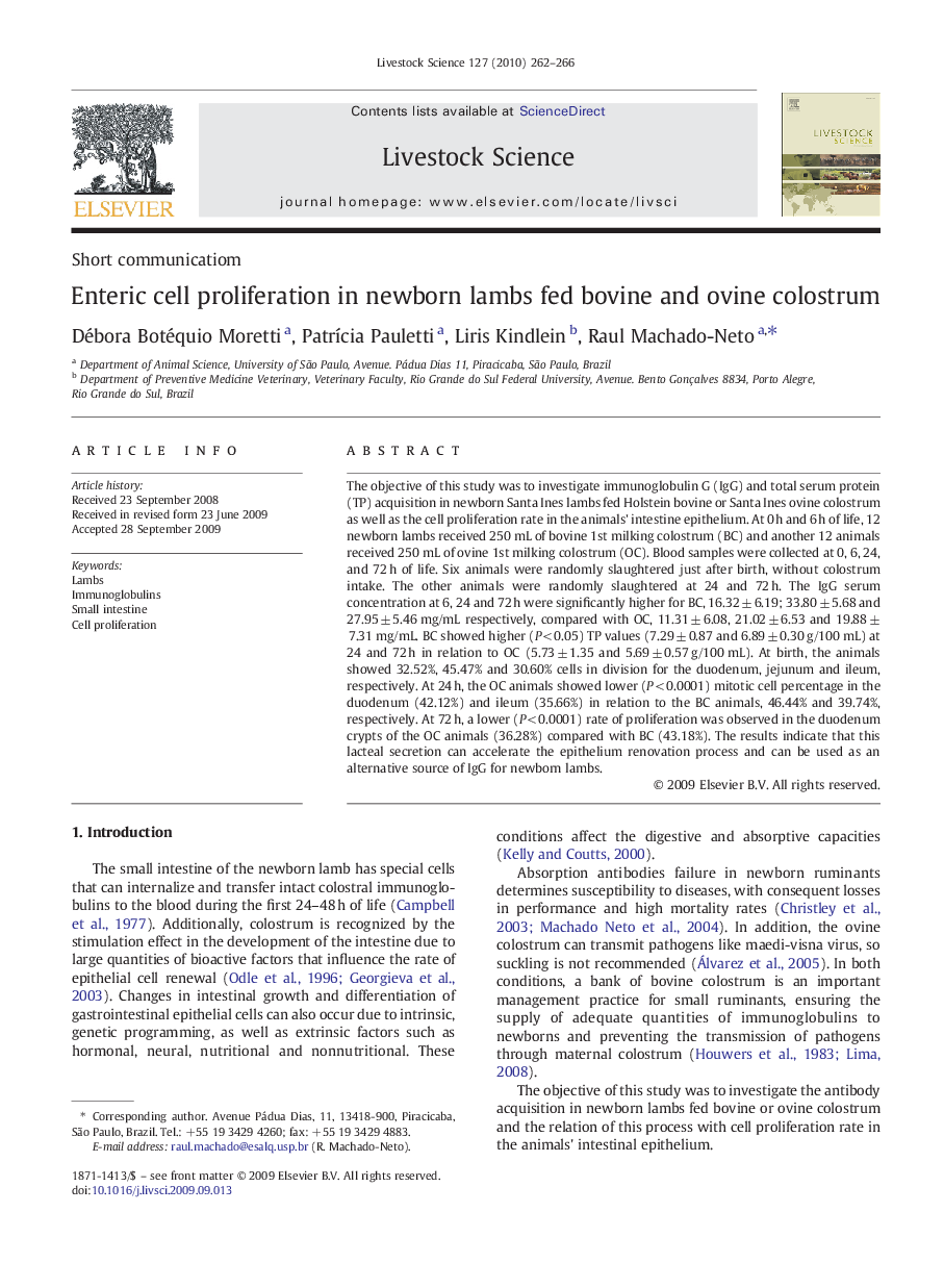 Enteric cell proliferation in newborn lambs fed bovine and ovine colostrum