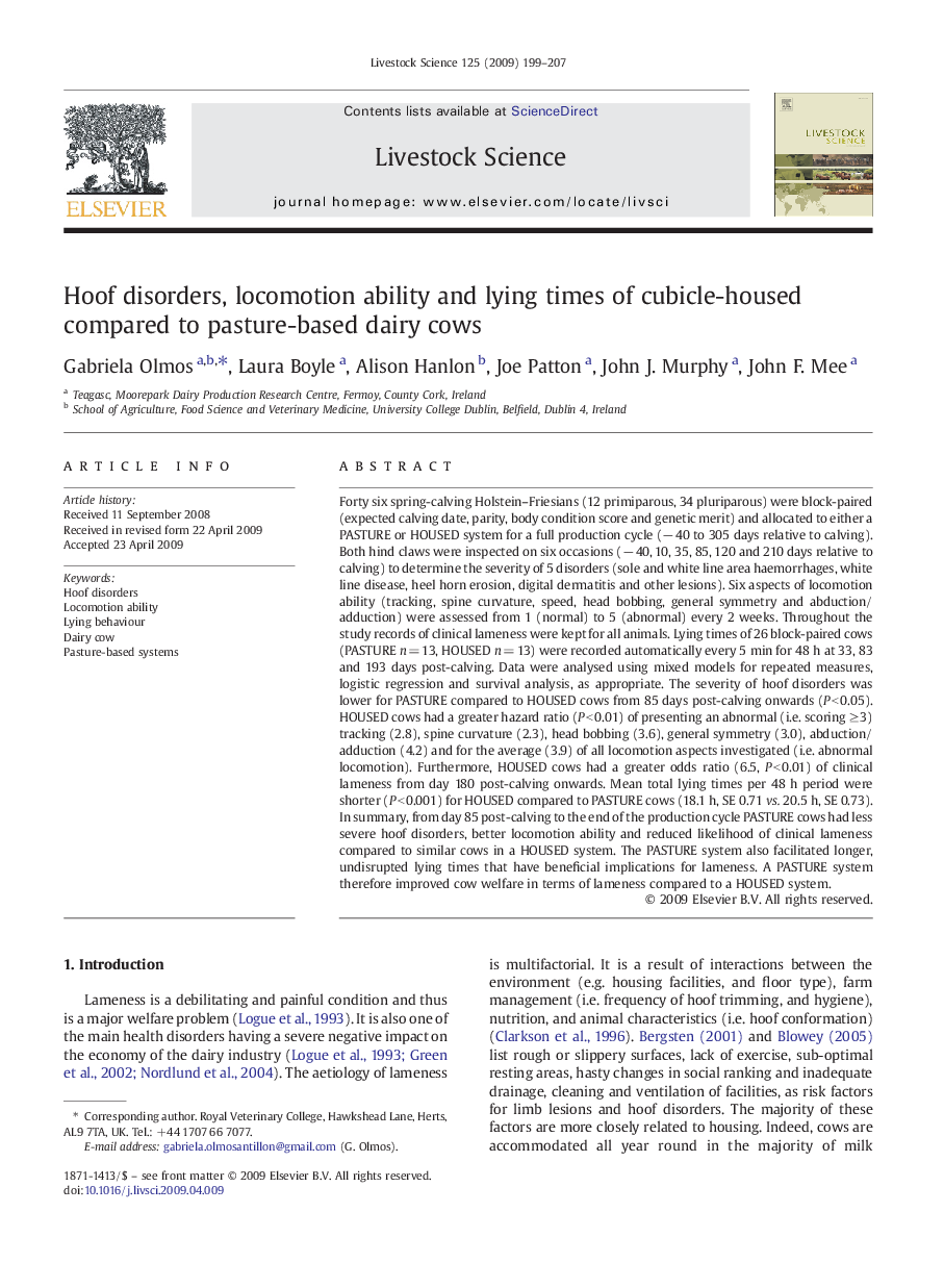 Hoof disorders, locomotion ability and lying times of cubicle-housed compared to pasture-based dairy cows