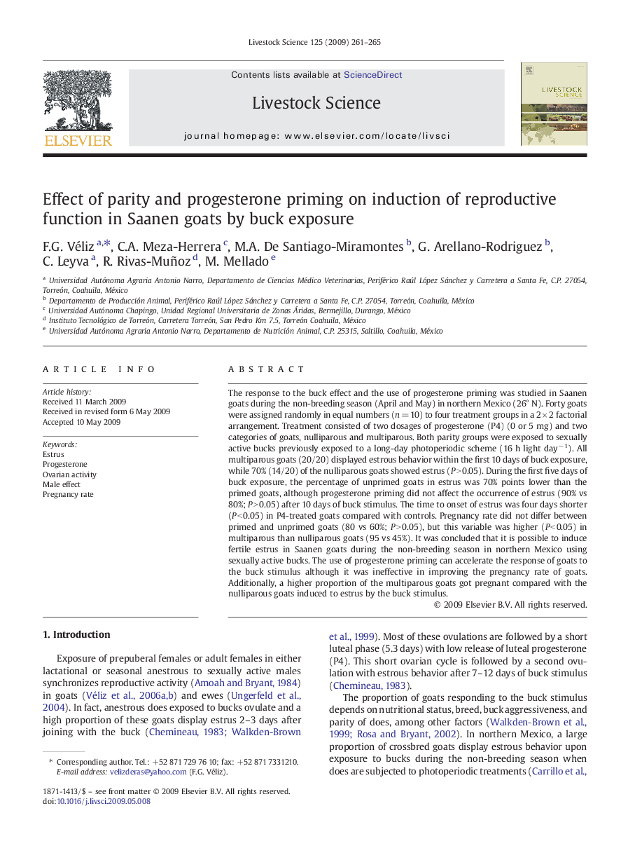 Effect of parity and progesterone priming on induction of reproductive function in Saanen goats by buck exposure