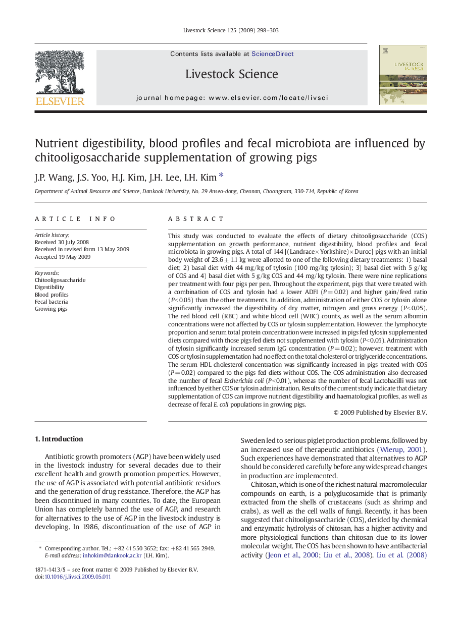 Nutrient digestibility, blood profiles and fecal microbiota are influenced by chitooligosaccharide supplementation of growing pigs