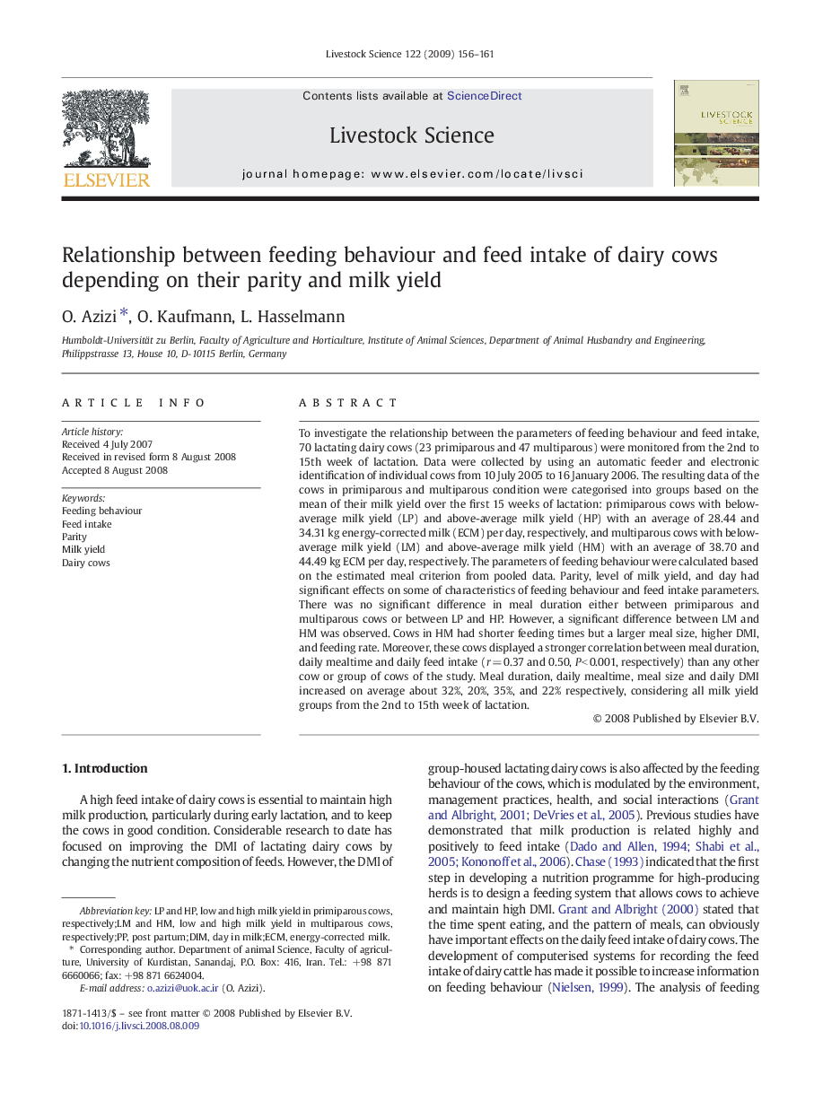 Relationship between feeding behaviour and feed intake of dairy cows depending on their parity and milk yield