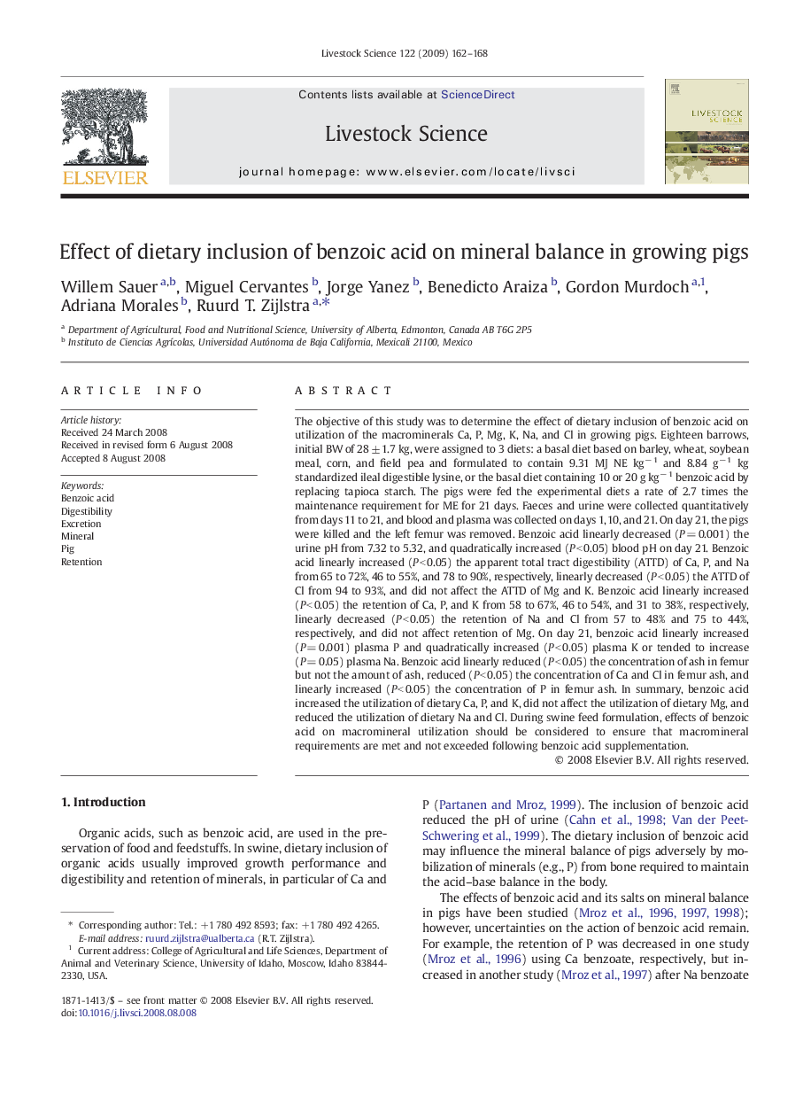 Effect of dietary inclusion of benzoic acid on mineral balance in growing pigs