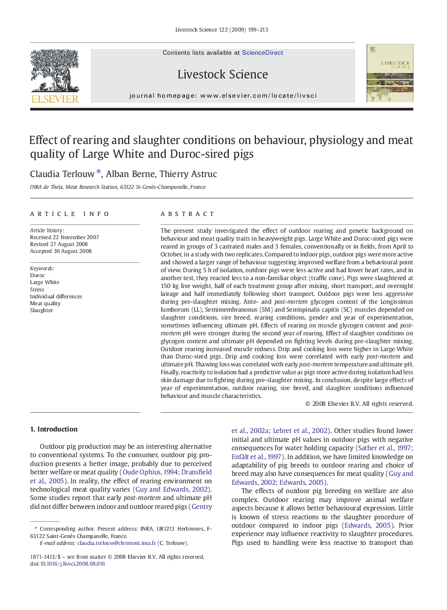 Effect of rearing and slaughter conditions on behaviour, physiology and meat quality of Large White and Duroc-sired pigs