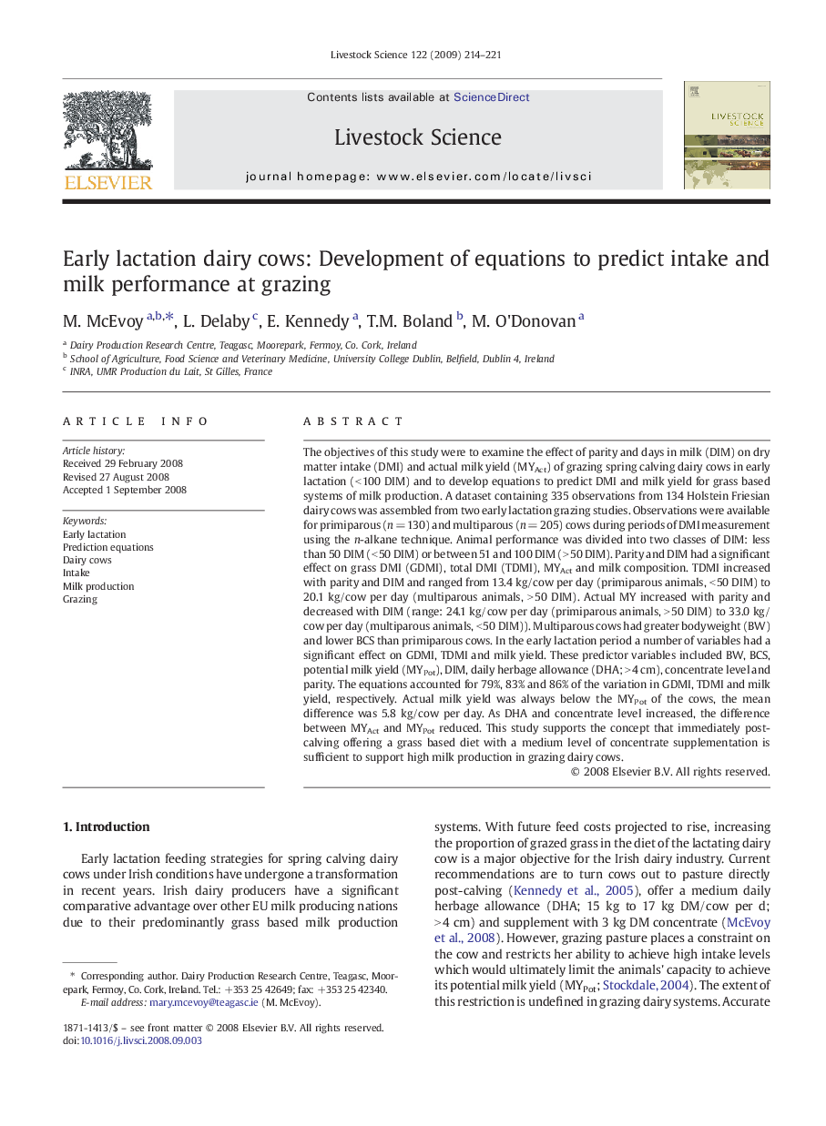 Early lactation dairy cows: Development of equations to predict intake and milk performance at grazing