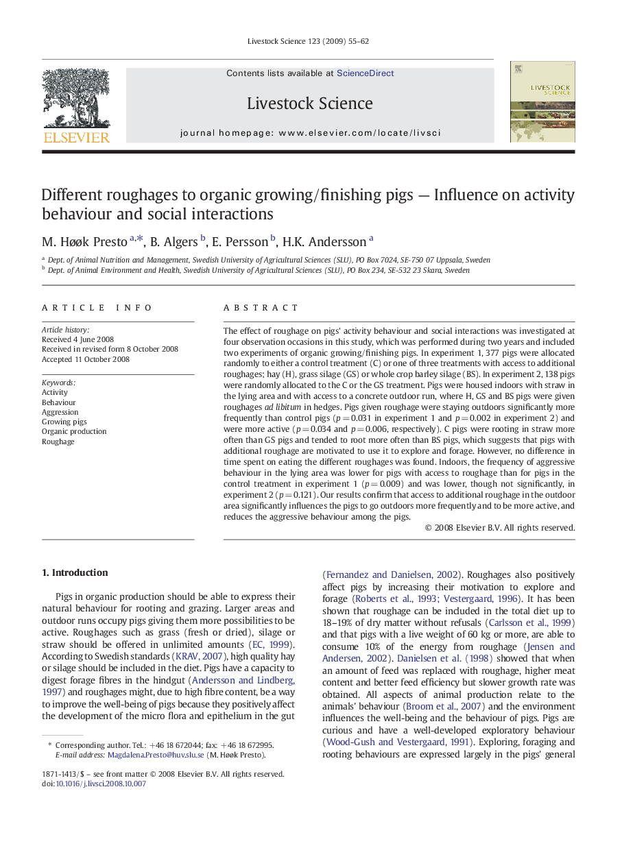 Different roughages to organic growing/finishing pigs — Influence on activity behaviour and social interactions