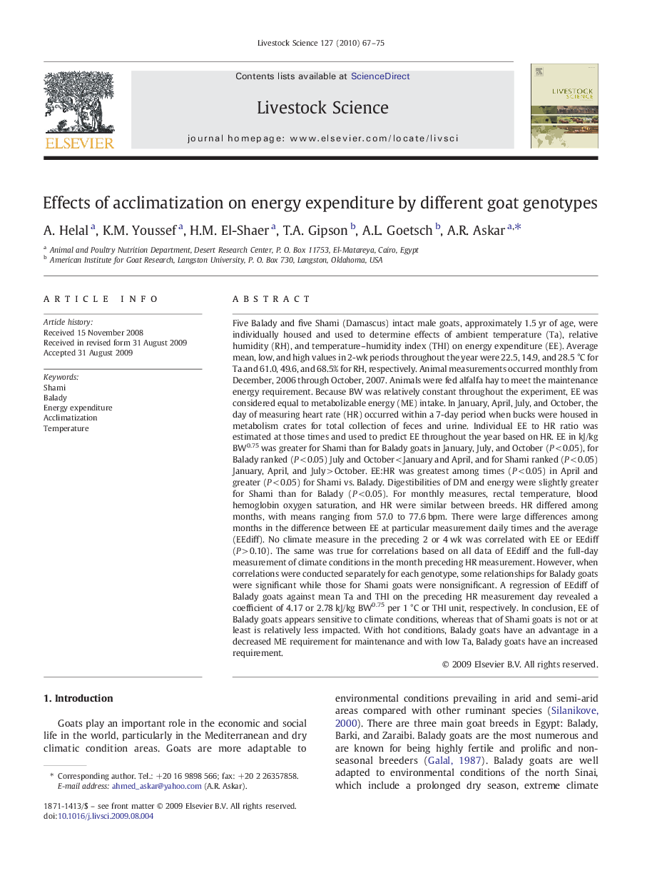 Effects of acclimatization on energy expenditure by different goat genotypes