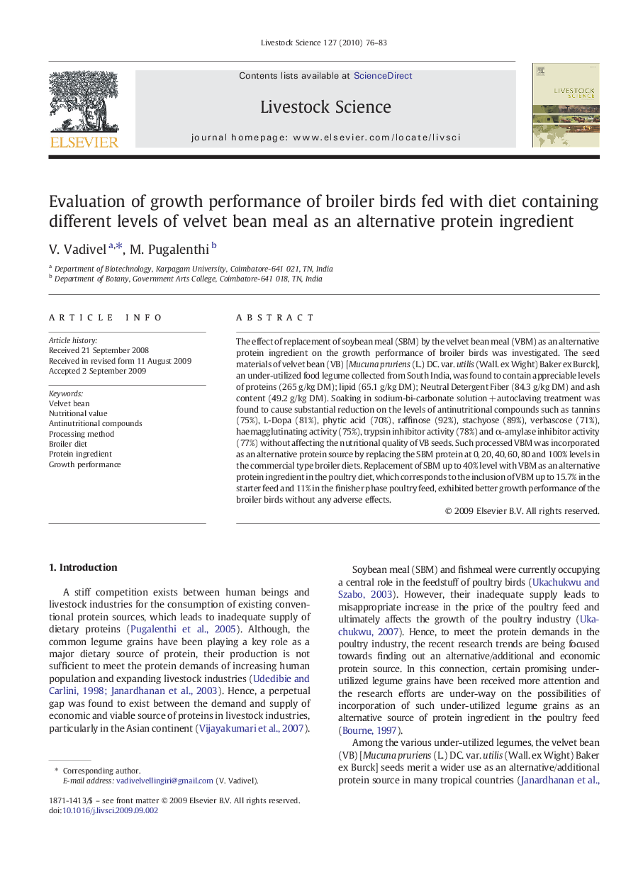 Evaluation of growth performance of broiler birds fed with diet containing different levels of velvet bean meal as an alternative protein ingredient