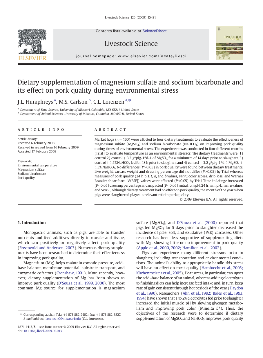 Dietary supplementation of magnesium sulfate and sodium bicarbonate and its effect on pork quality during environmental stress