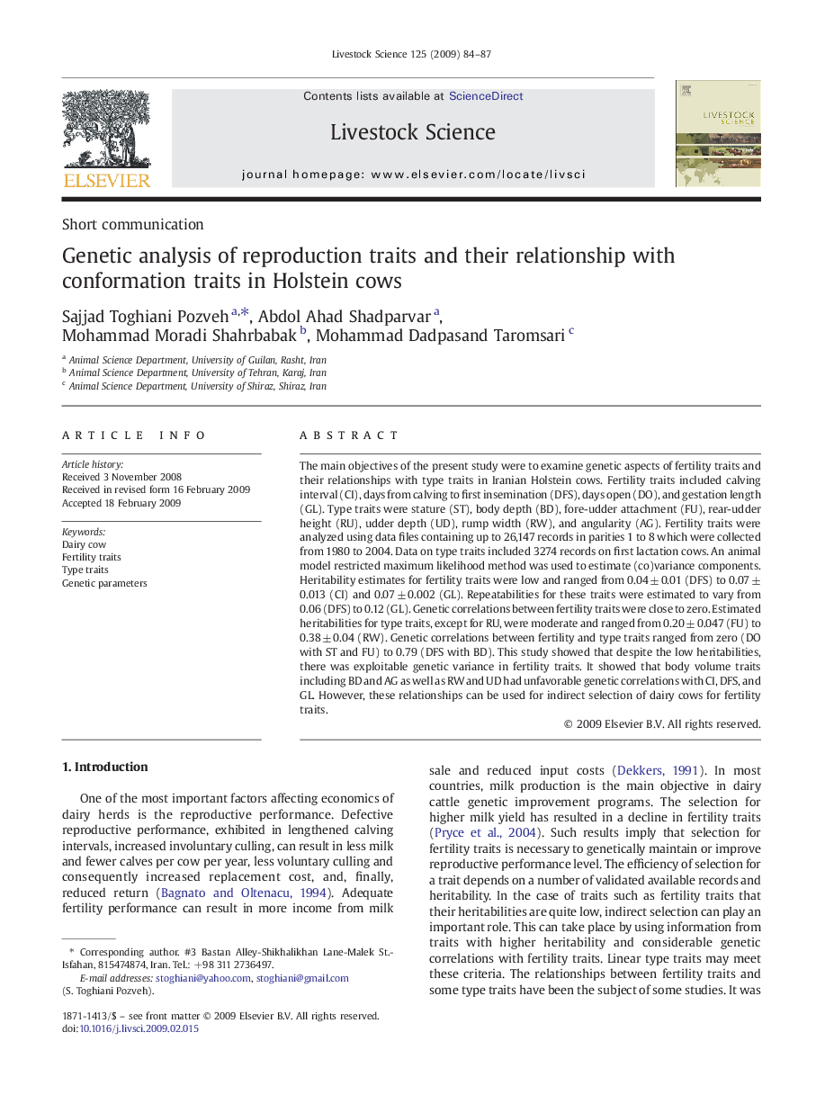 Genetic analysis of reproduction traits and their relationship with conformation traits in Holstein cows