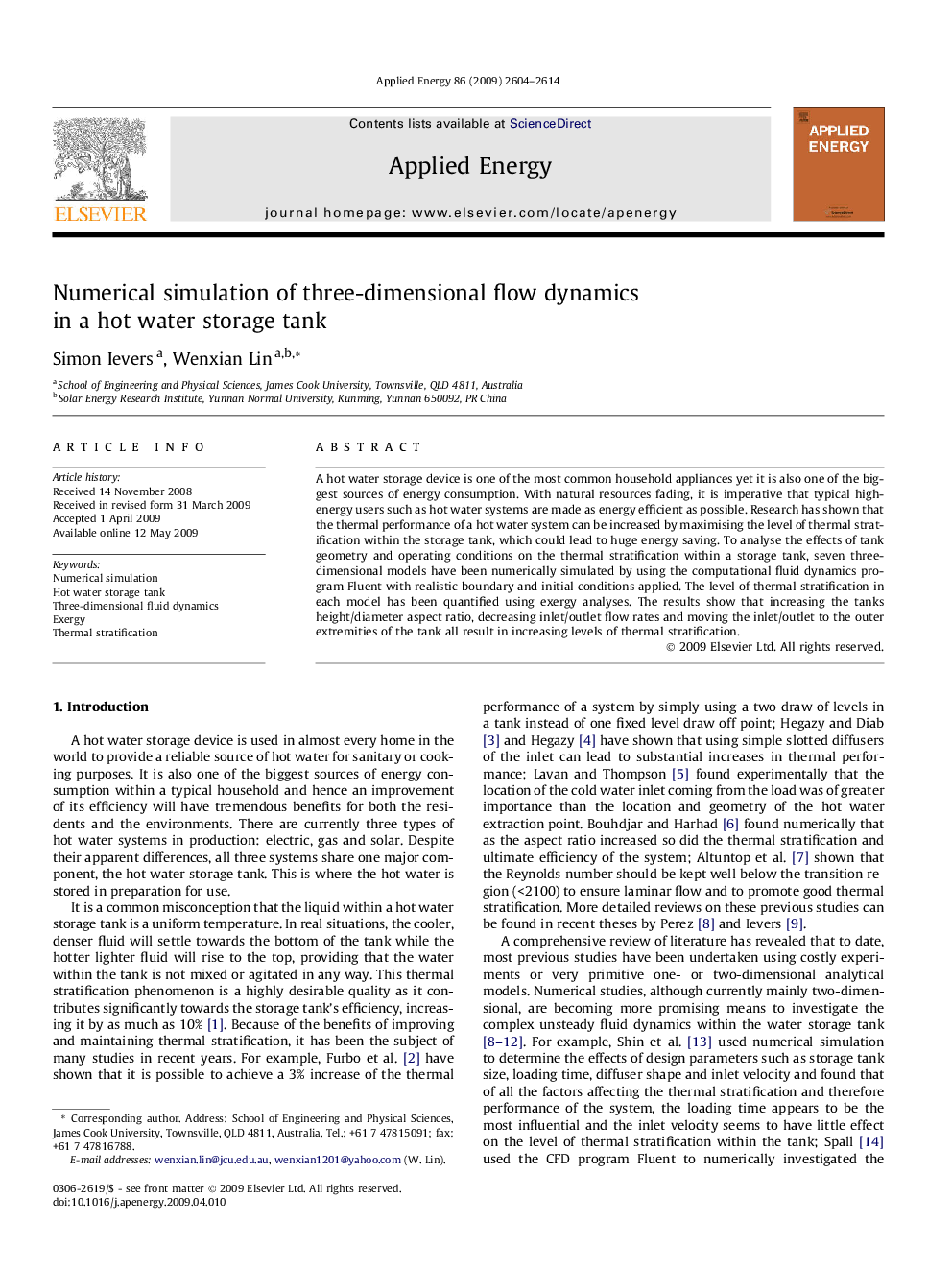 Numerical simulation of three-dimensional flow dynamics in a hot water storage tank