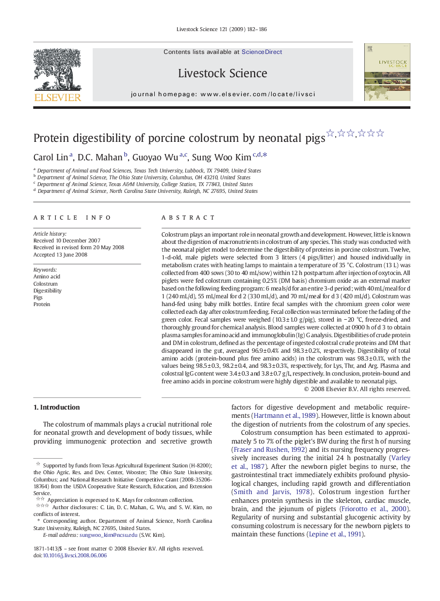 Protein digestibility of porcine colostrum by neonatal pigs 