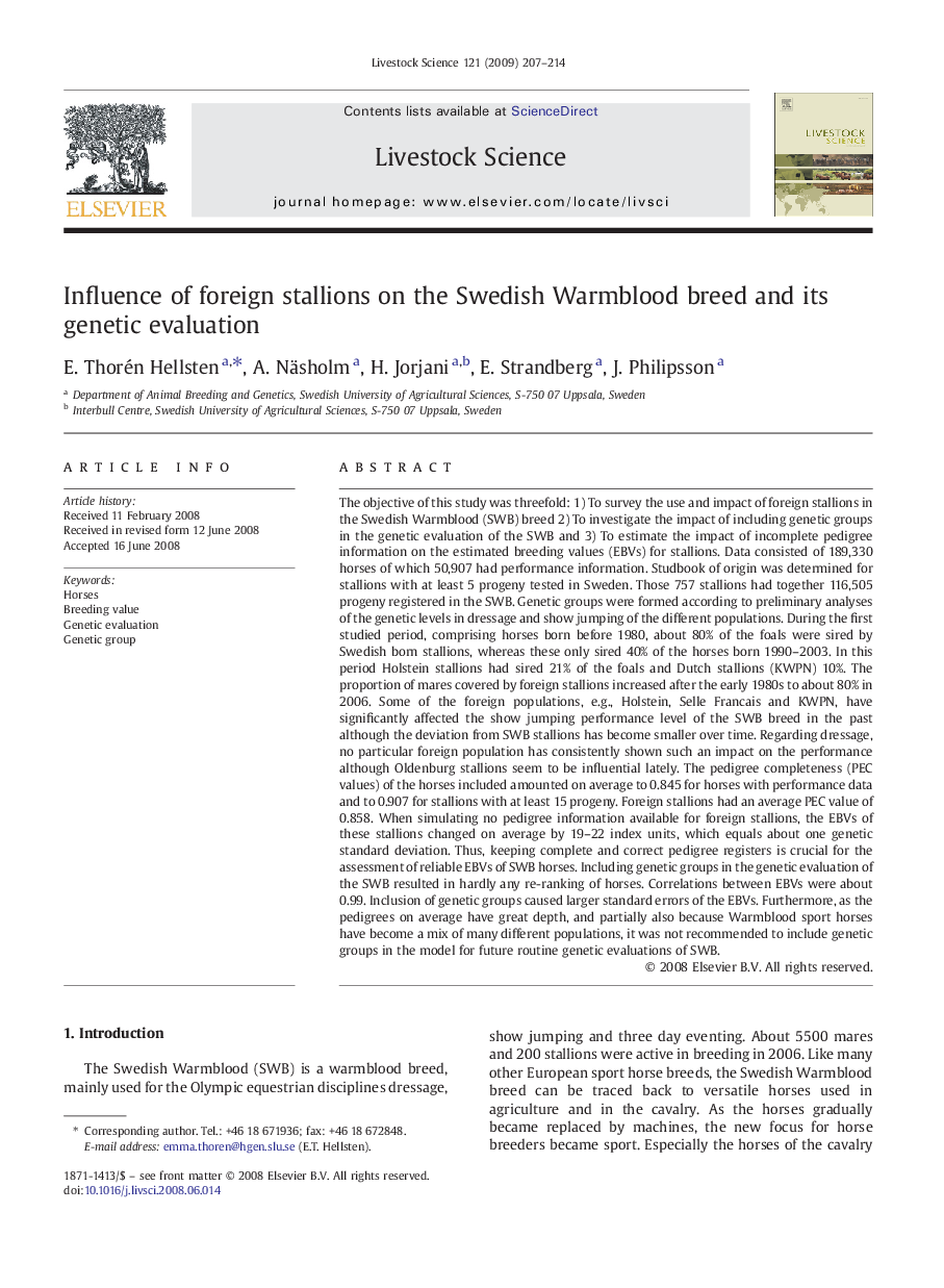 Influence of foreign stallions on the Swedish Warmblood breed and its genetic evaluation