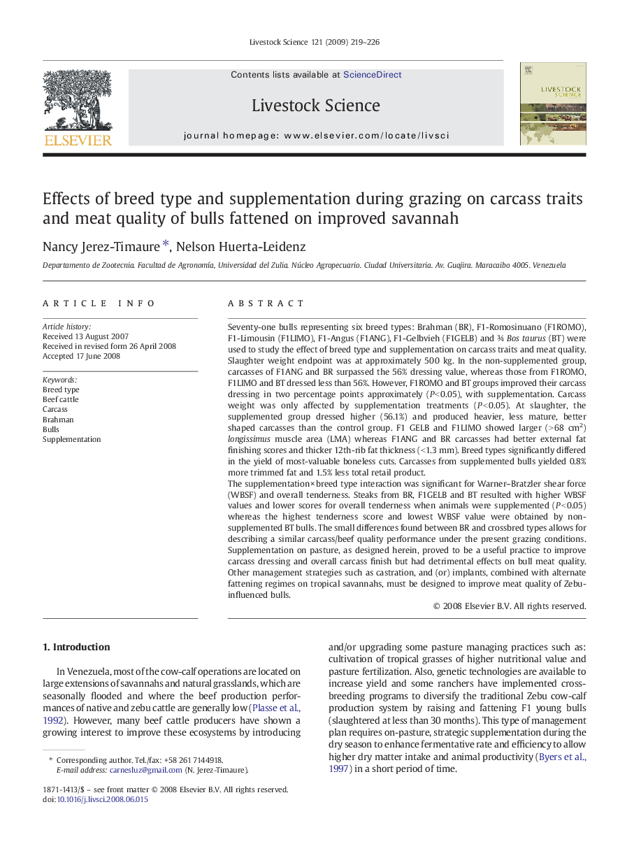 Effects of breed type and supplementation during grazing on carcass traits and meat quality of bulls fattened on improved savannah