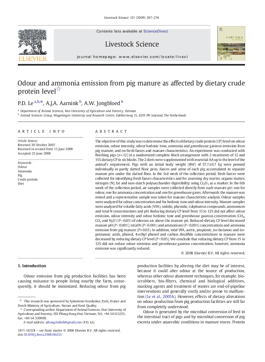 Odour and ammonia emission from pig manure as affected by dietary crude protein level 