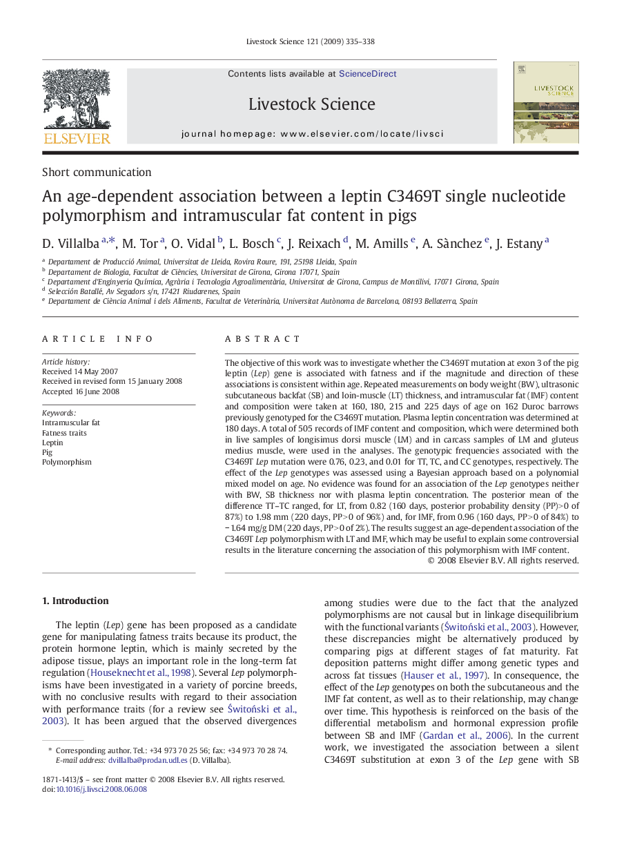 An age-dependent association between a leptin C3469T single nucleotide polymorphism and intramuscular fat content in pigs