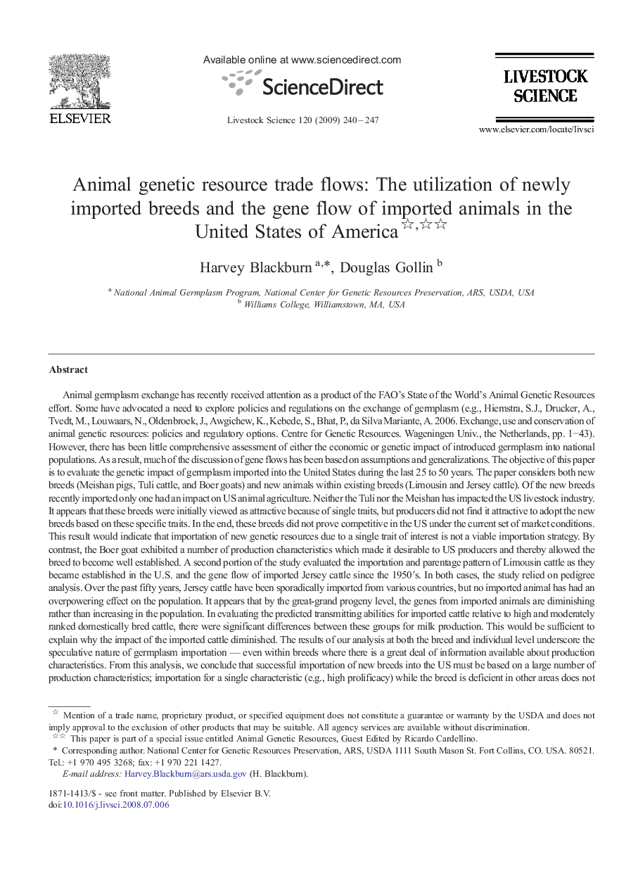 Animal genetic resource trade flows: The utilization of newly imported breeds and the gene flow of imported animals in the United States of America 